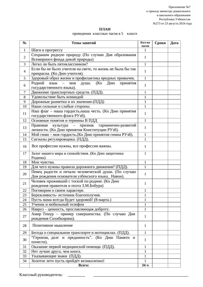 ПЛАН проведения классных часов в 5 классе 1