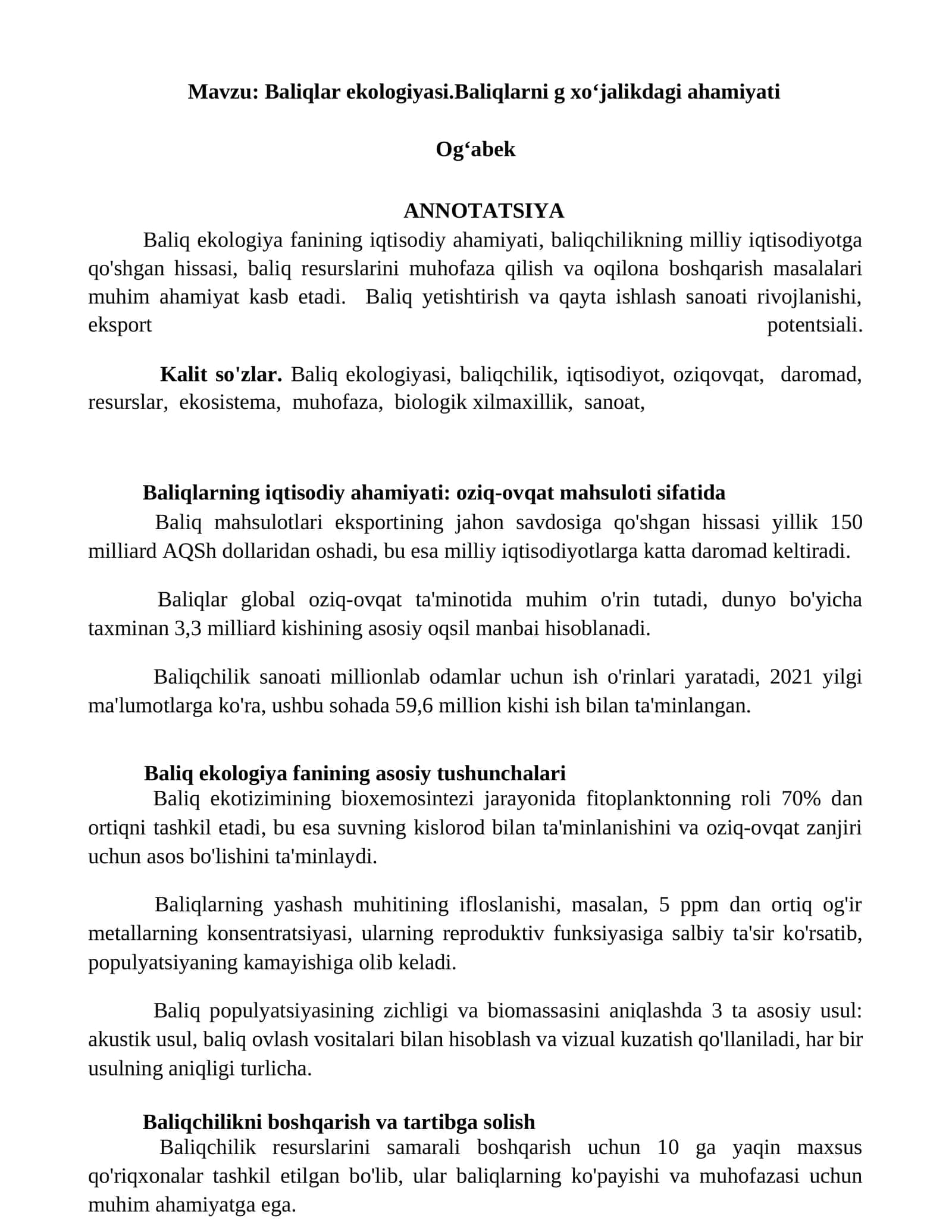 Baliqlar ekologiyasi.Baliqlarni g xoʻjalikdagi ahamiyati 1
