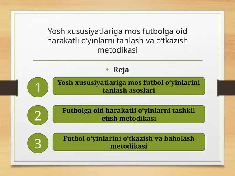 Yosh xususiyatlariga mos futbolga oid harakatli o‘yinlarni tanlash va o‘tkazish metodikasijis 1