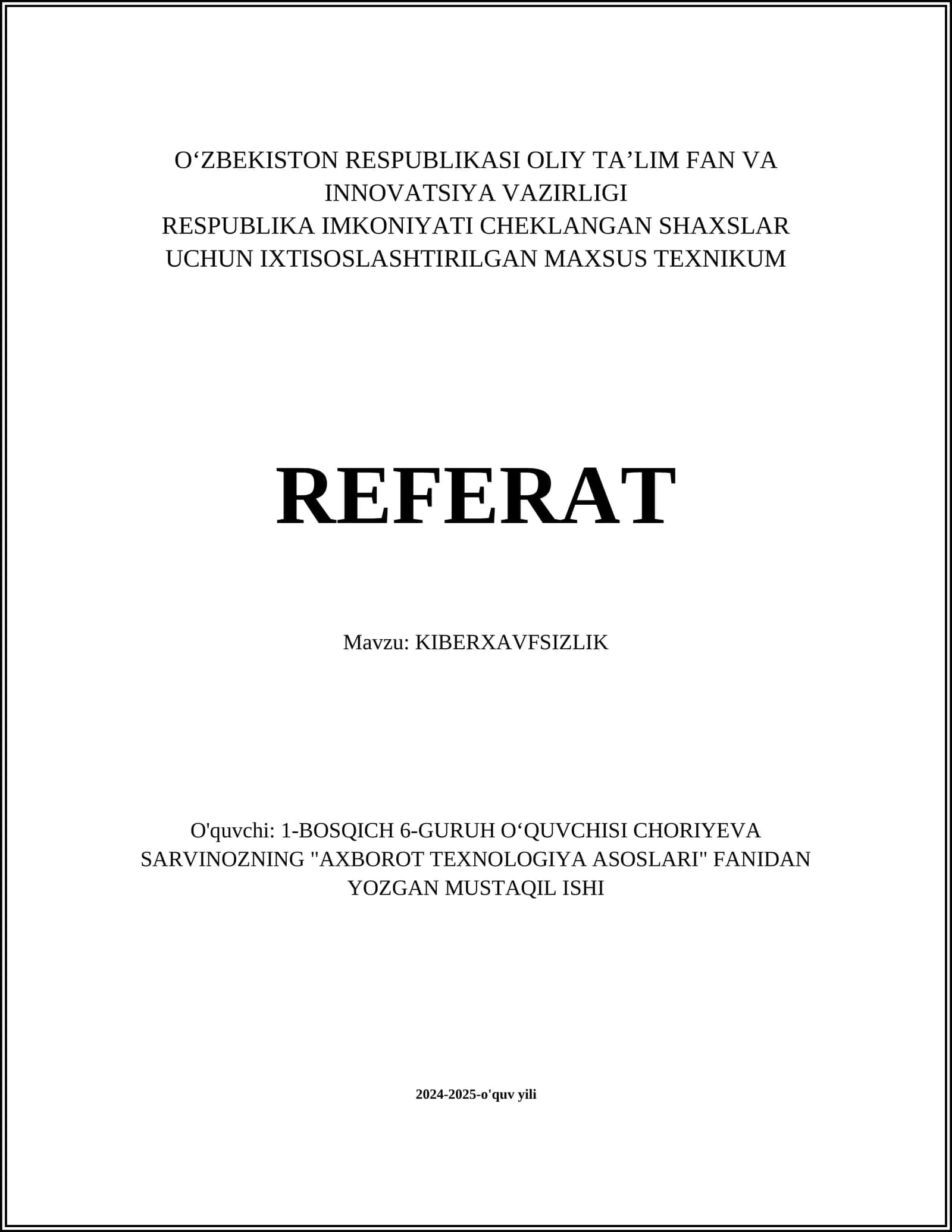 Kiberxavfsizlik Referat 1