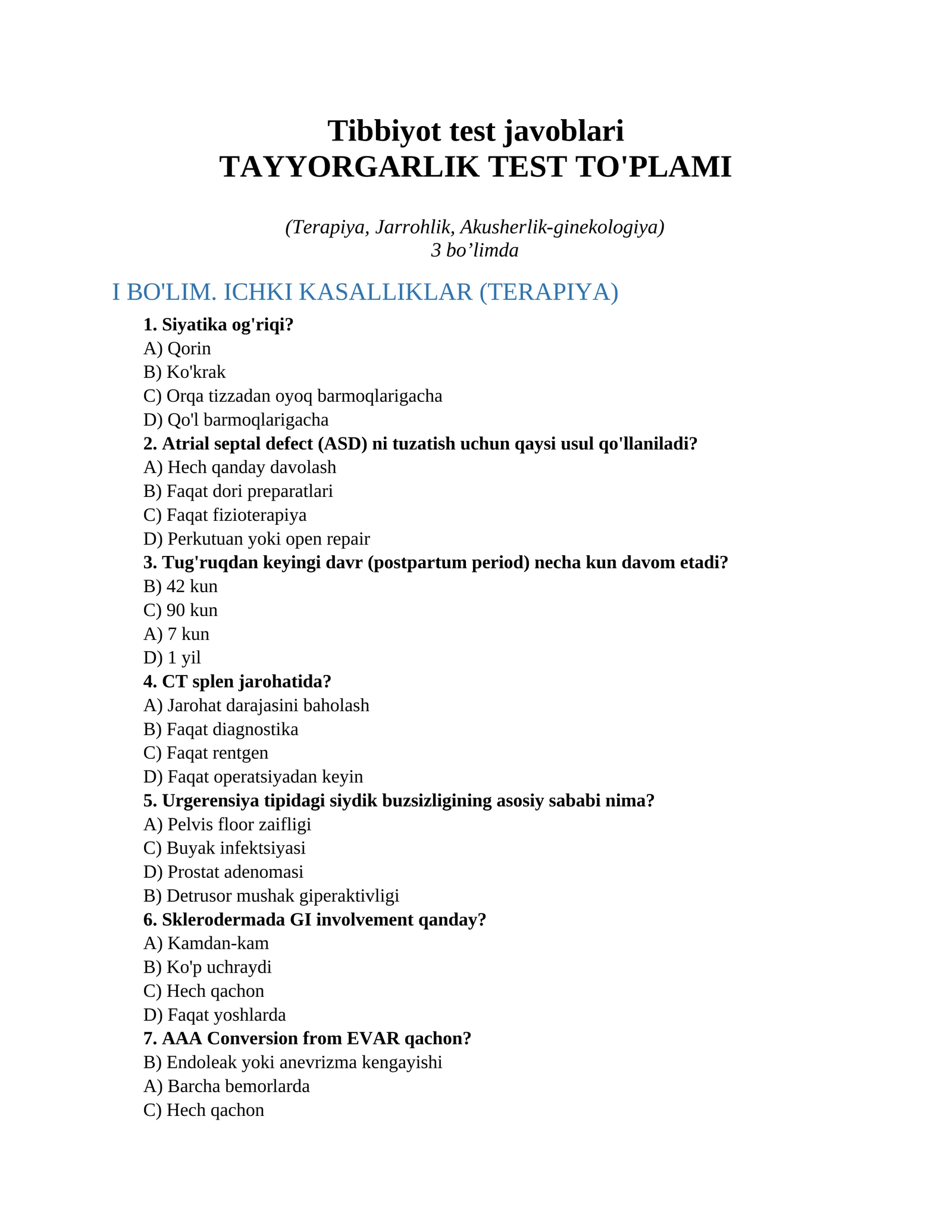 Tibbiyot test javoblari 1