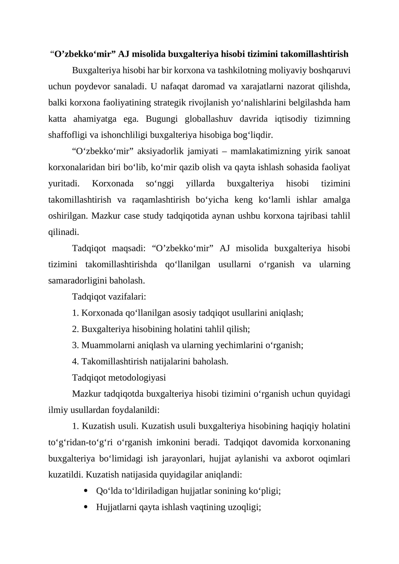 O‘zbekko‘mir AJ misolida buxgalteriya hisobi tizimini takomillashtirish 1