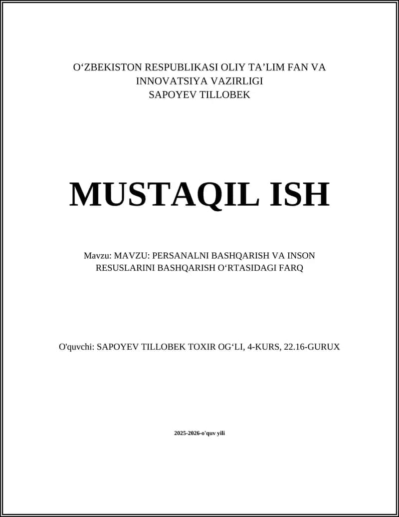 Personalni boshqarish va inson resurslarini boshqarish 1