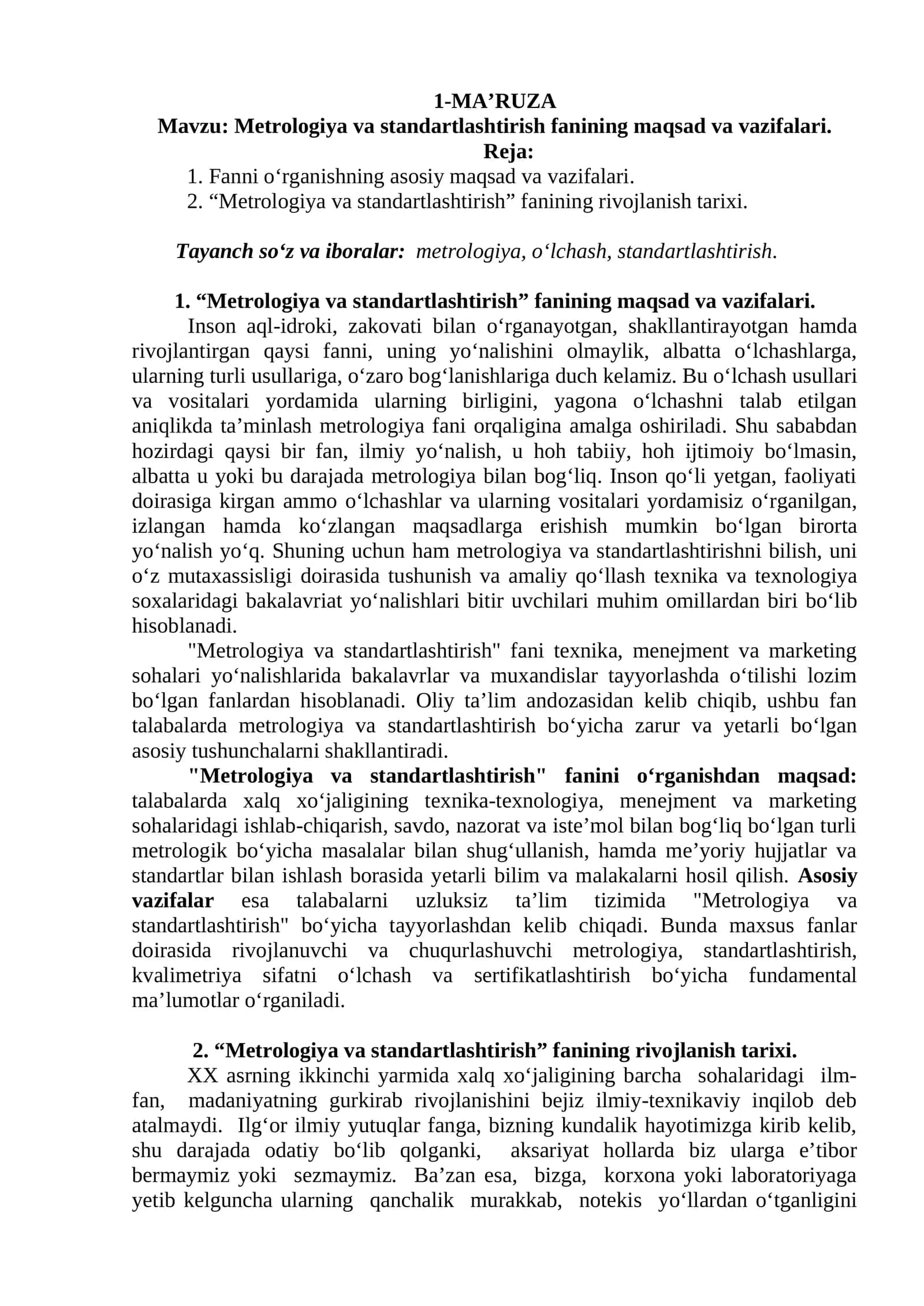 Metrologiya va standartlashtirish fanining maqsad va vazifalari 1