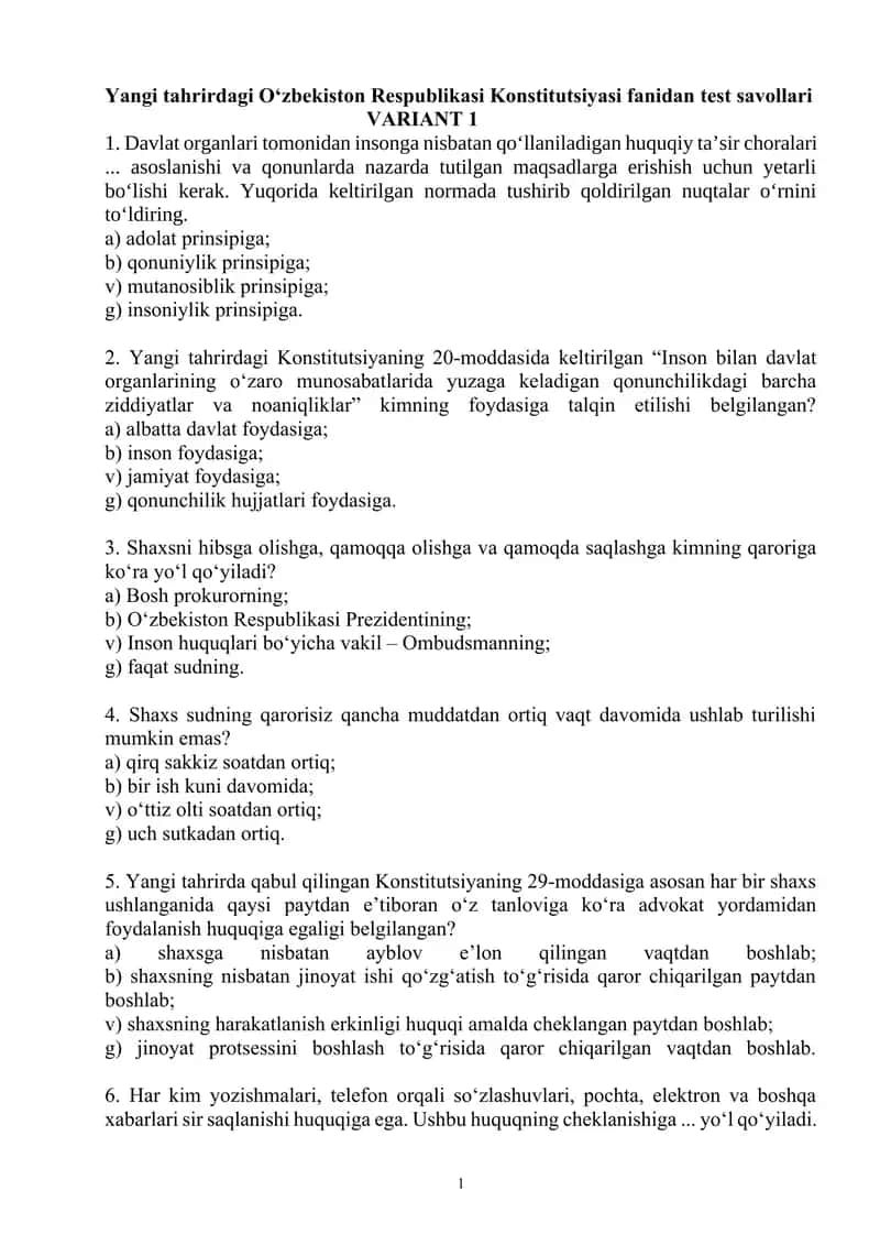 Yangi tahrirdagi O‘zbekiston Respublikasi Konstitutsiyasi fanidan test savollari 1
