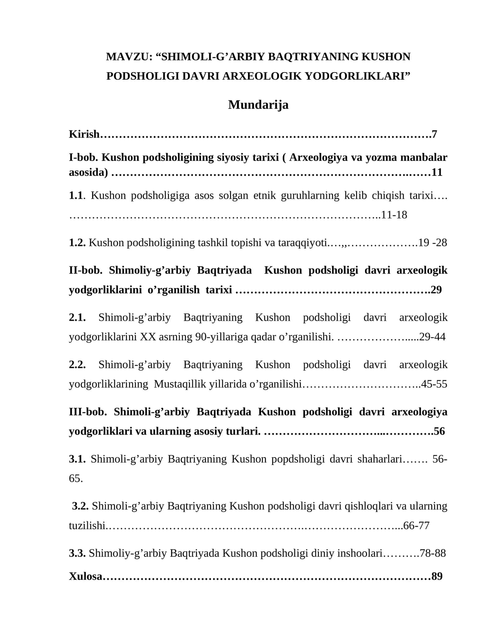 “SHIMОLI-G’АRBIY BАQTRIYАNING KUSHОN PОDSHОLIGI DАVRI АRXЕОLОGIK YОDGОRLIKLАRI” 1