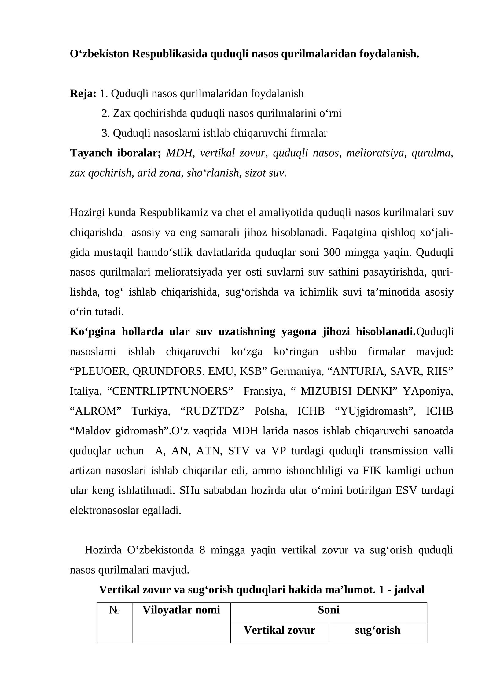 Quduqli nasos qurilmalari suv chiqarishda 1