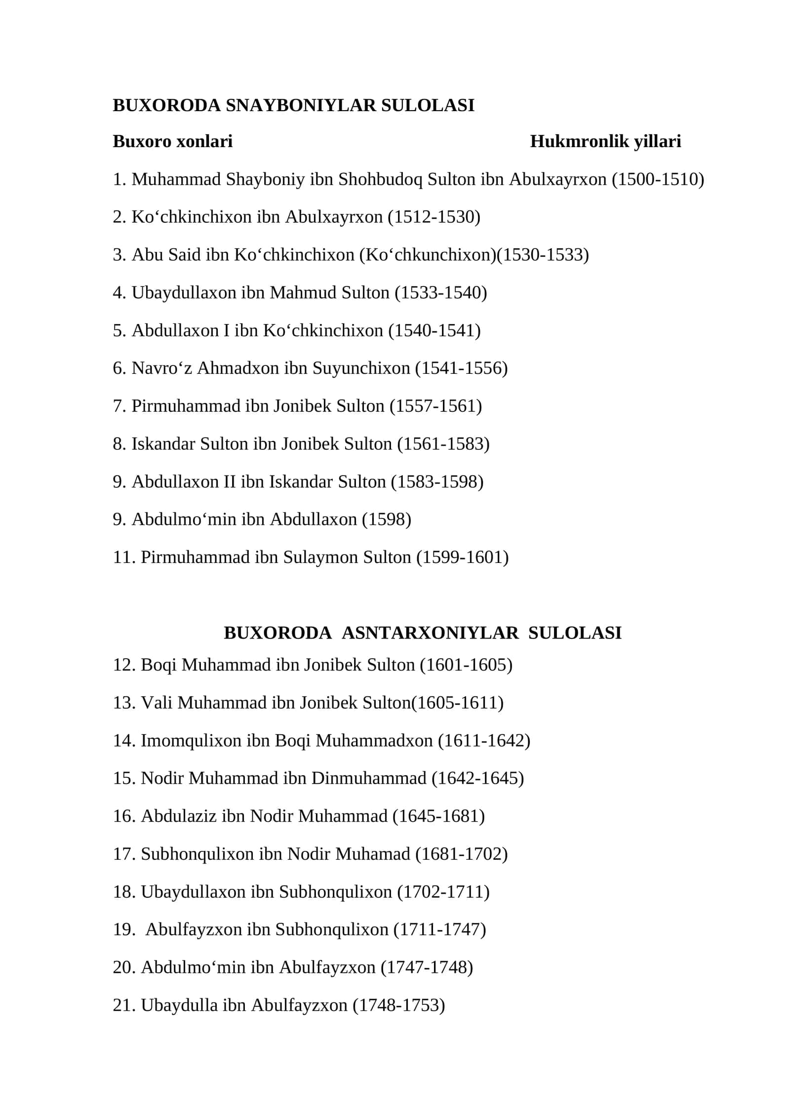 Buxoroda Snayboniylar Sulolasi 1