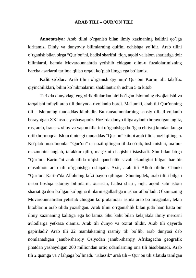MAQOLA Arab tili - Qur'on tili 1