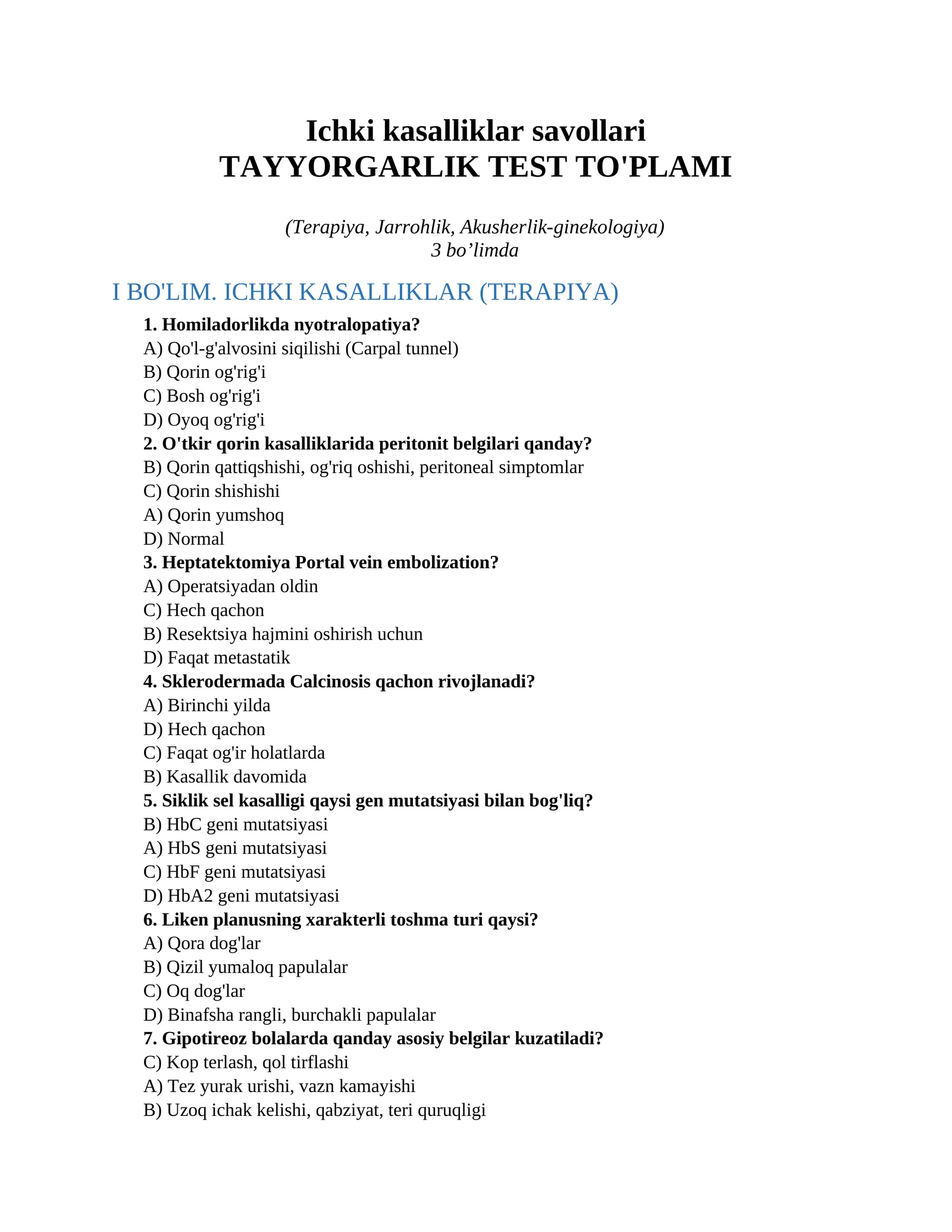 Ichki kasalliklar savollari 1