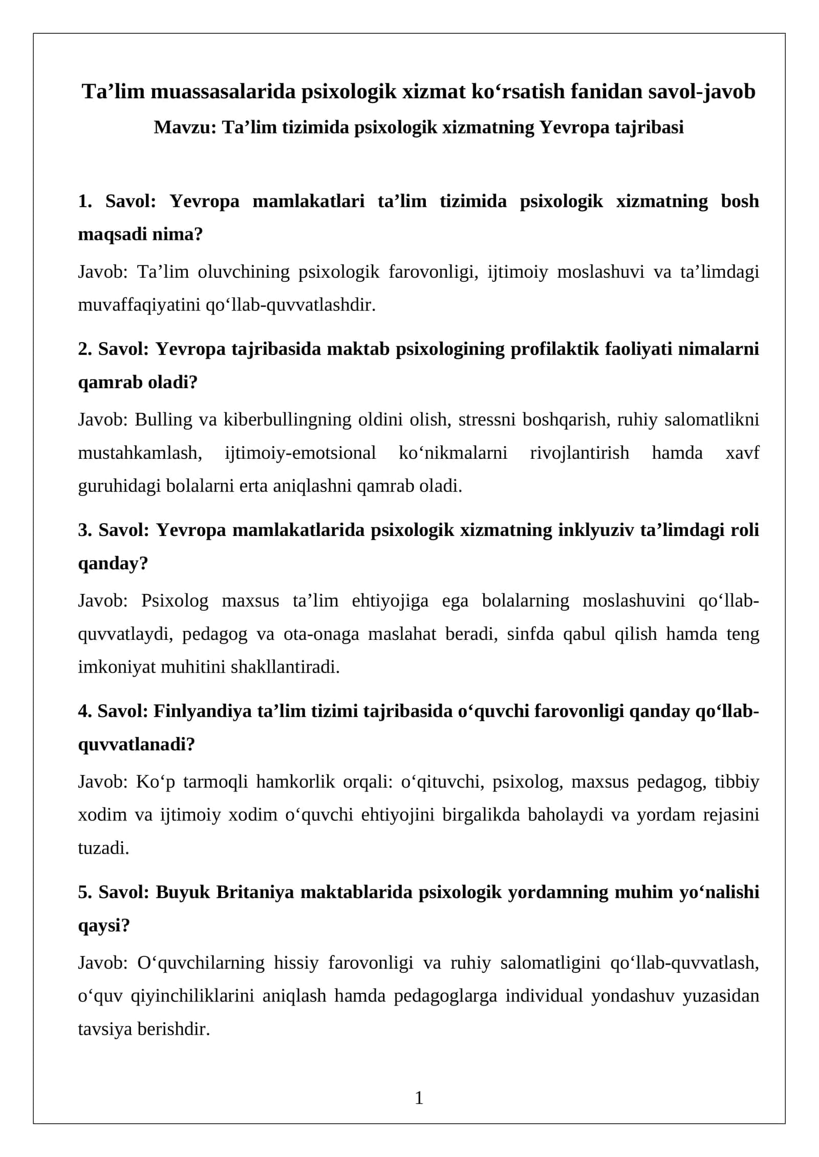 Ta’lim muassasalarida psixologik xizmat ko‘rsatish fanidan savol-javob 1