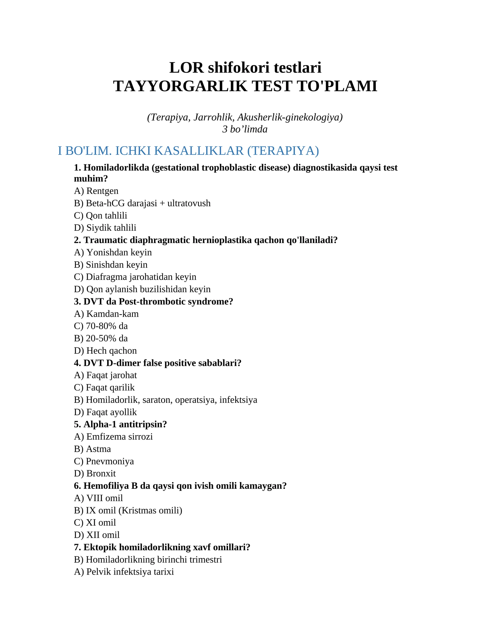 LOR shifokori testlari 1