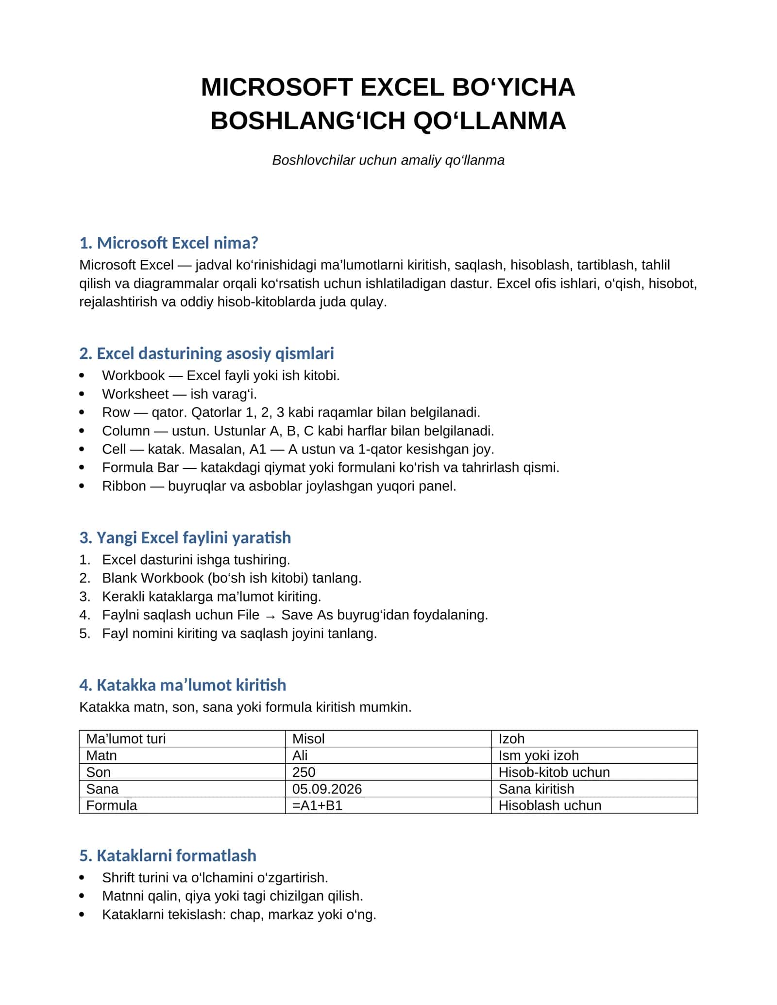 MICROSOFT EXCEL BO‘YICHA BOSHLANG‘ICH QO‘LLANMA 1