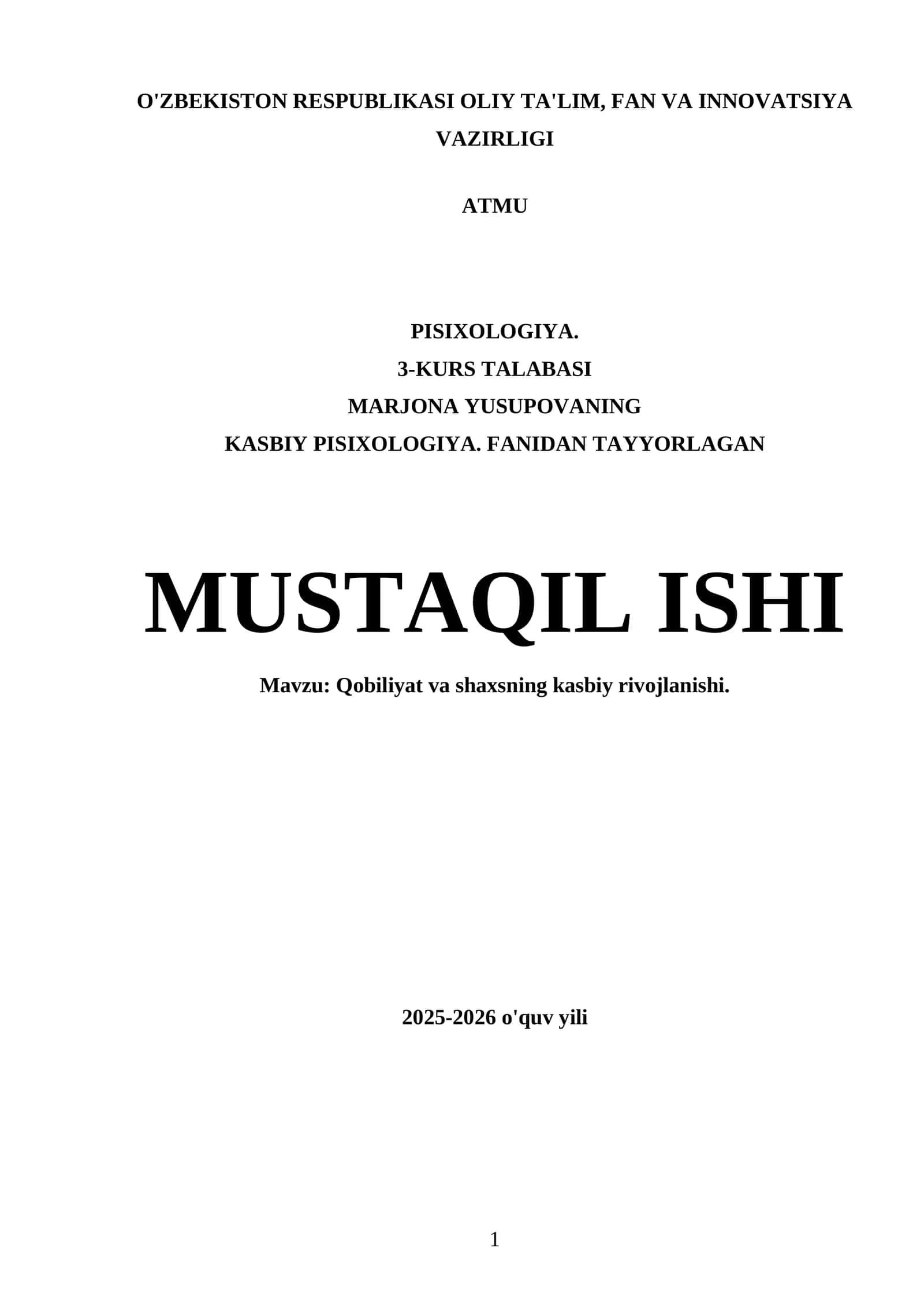 KASBIY PISIXOLOGIYA. FANIDAN TAYYORLAGAN MUSTAQIL ISHI 1