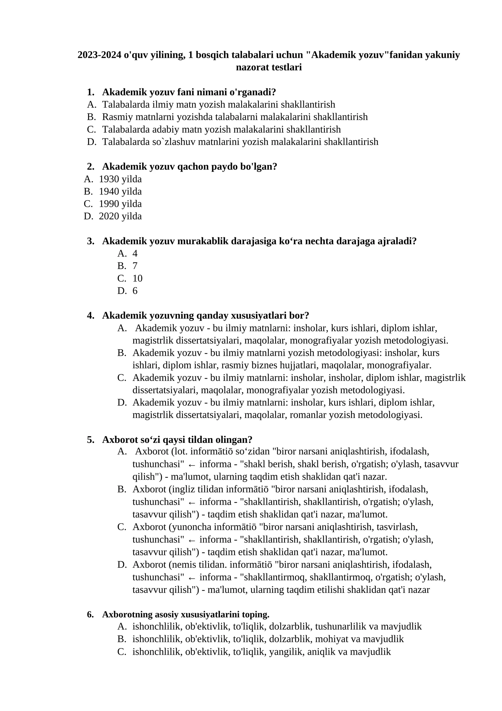 Akademik yozuv fanidan yakuniy nazorat testlari 1
