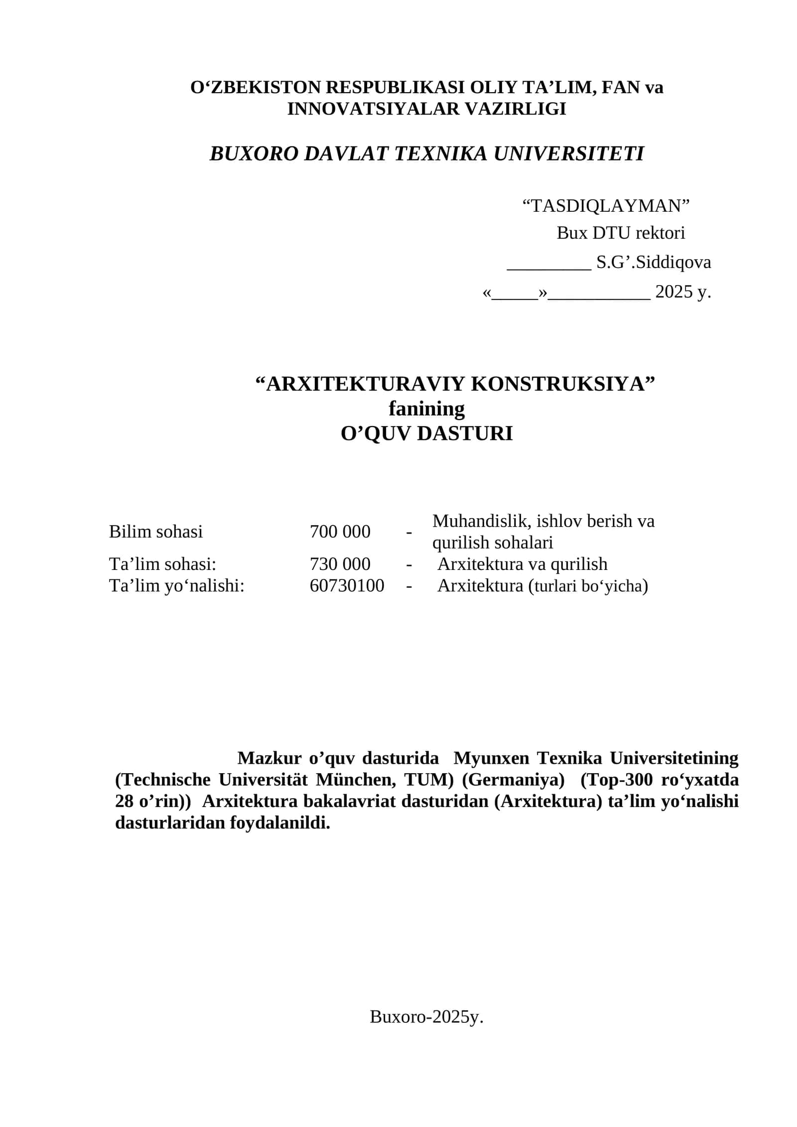 “ARXITEKTURAVIY KONSTRUKSIYA” fanining O’QUV DASTURI 1