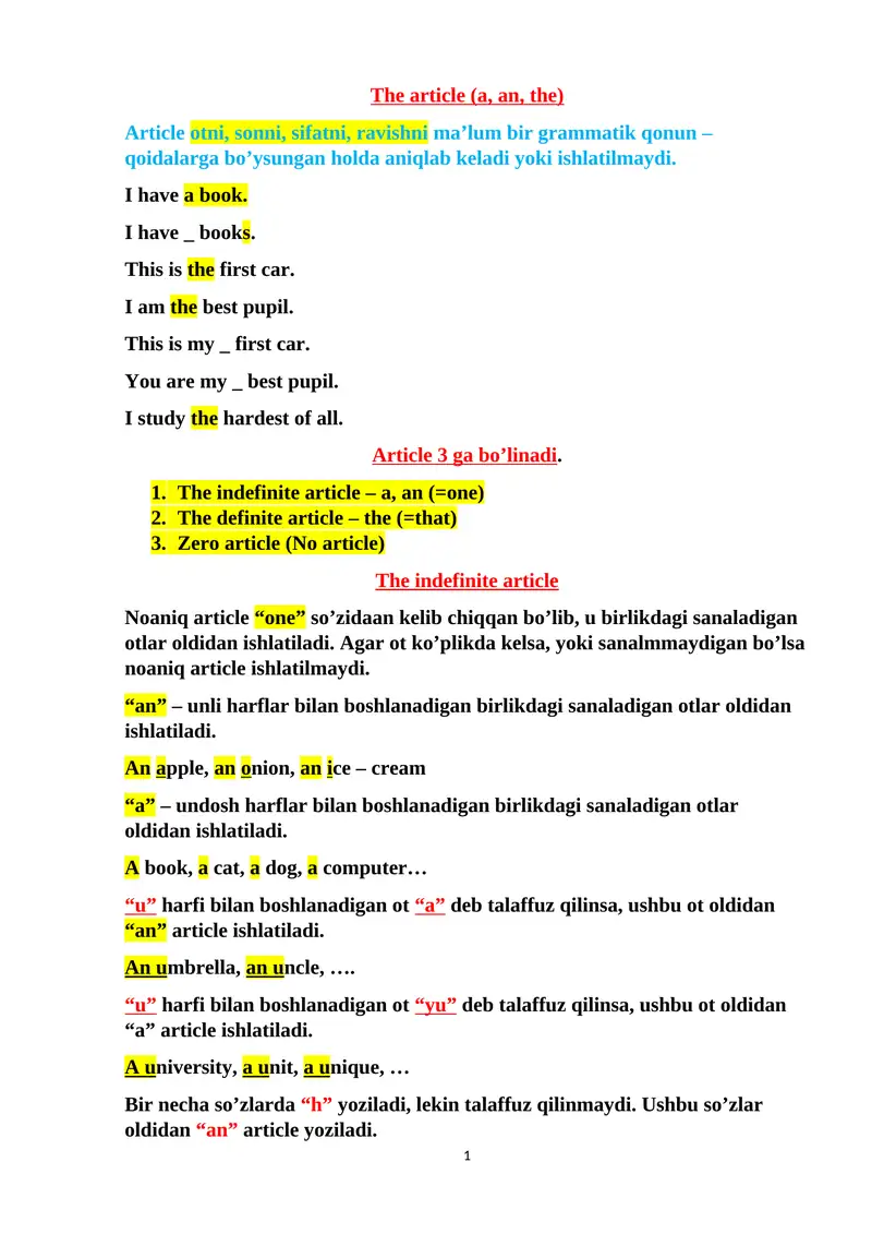 Articles and Their Usage 1