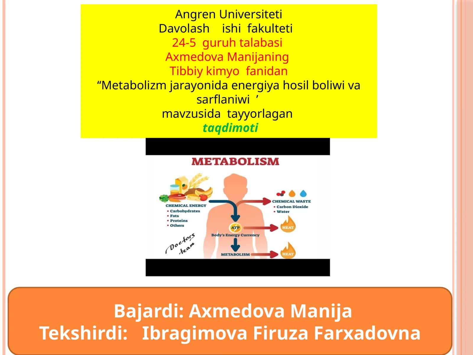 Metabolizm jarayonida energiya hosil boliwi va sarflanishi 1
