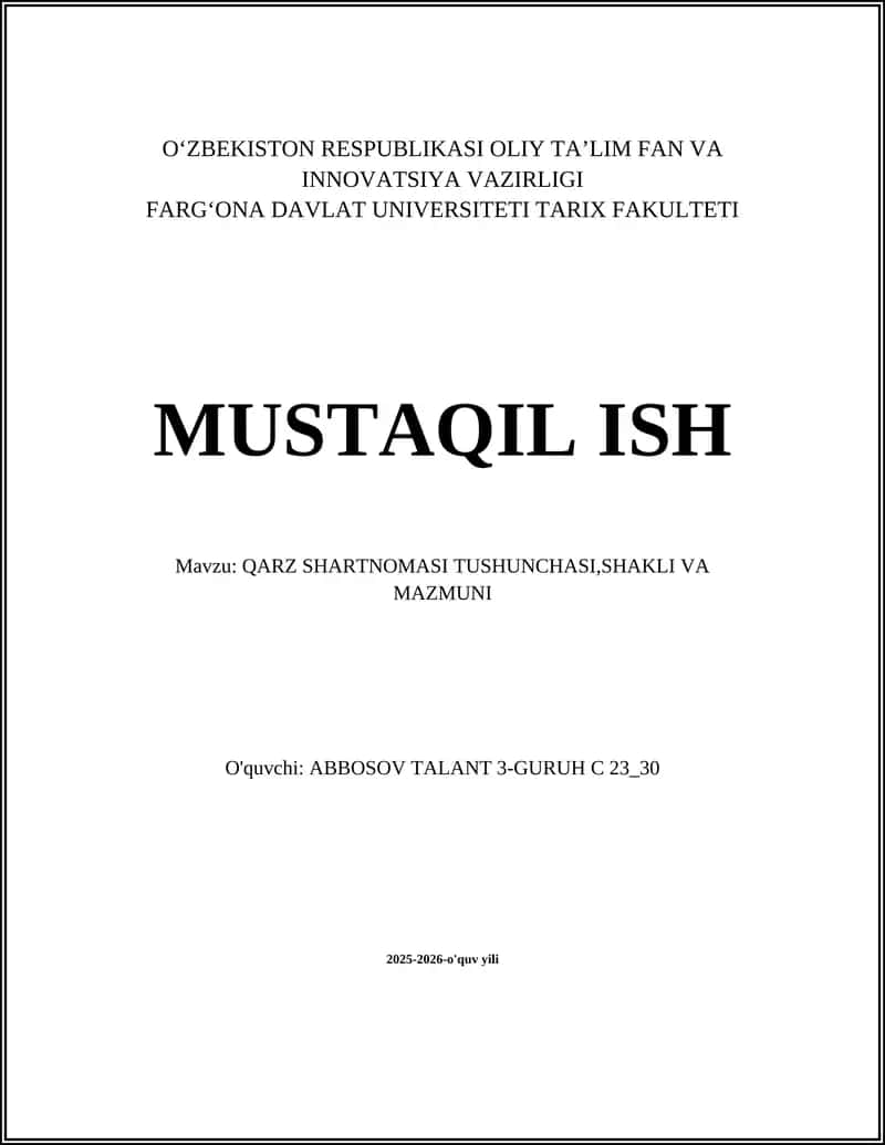 QARZ SHARTNOMASI TUSHUNCHASI, SHAKLI VA MAZMUNI 1