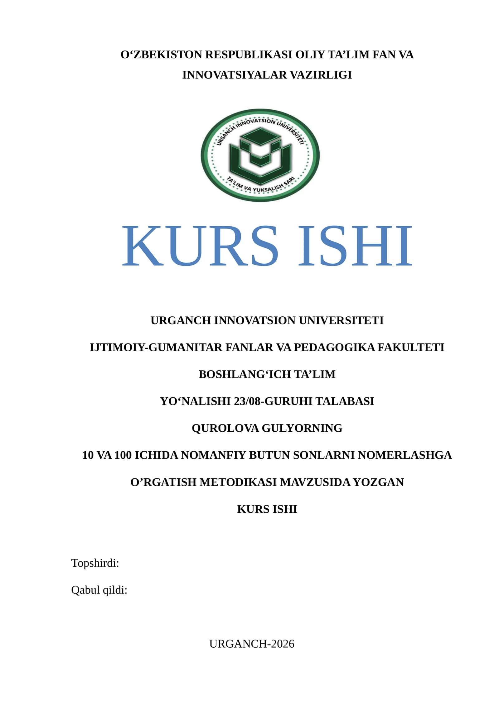 10 VA 100 ICHIDA NOMANFIY BUTUN SONLARNI NOMERLASHGA O’RGATISH METODIKASI 1
