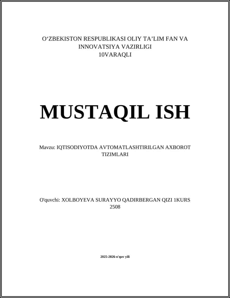Iqtisodiyotda Avtomatlashtirilgan Axborot Tizimlari 1