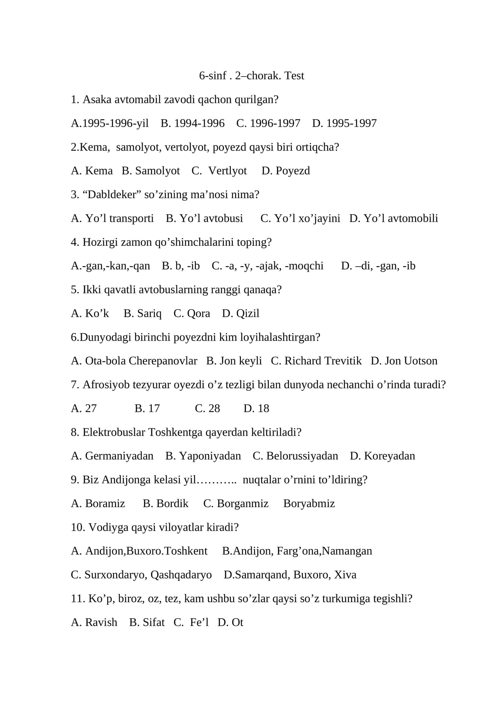 6-sinf. 2–chorak. Test 1