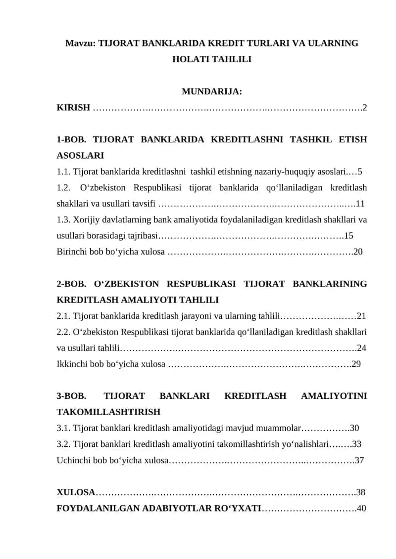 TIJORAT BANKLARIDA KREDIT TURLARI VA ULARNING HOLATI TAHLILI 1