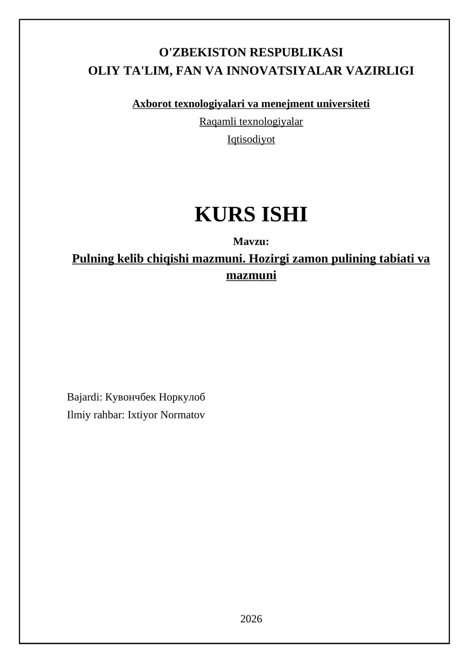 Pulning kelib chiqishi mazmuni. Hozirgi zamon pulining tabiati va mazmuni 1