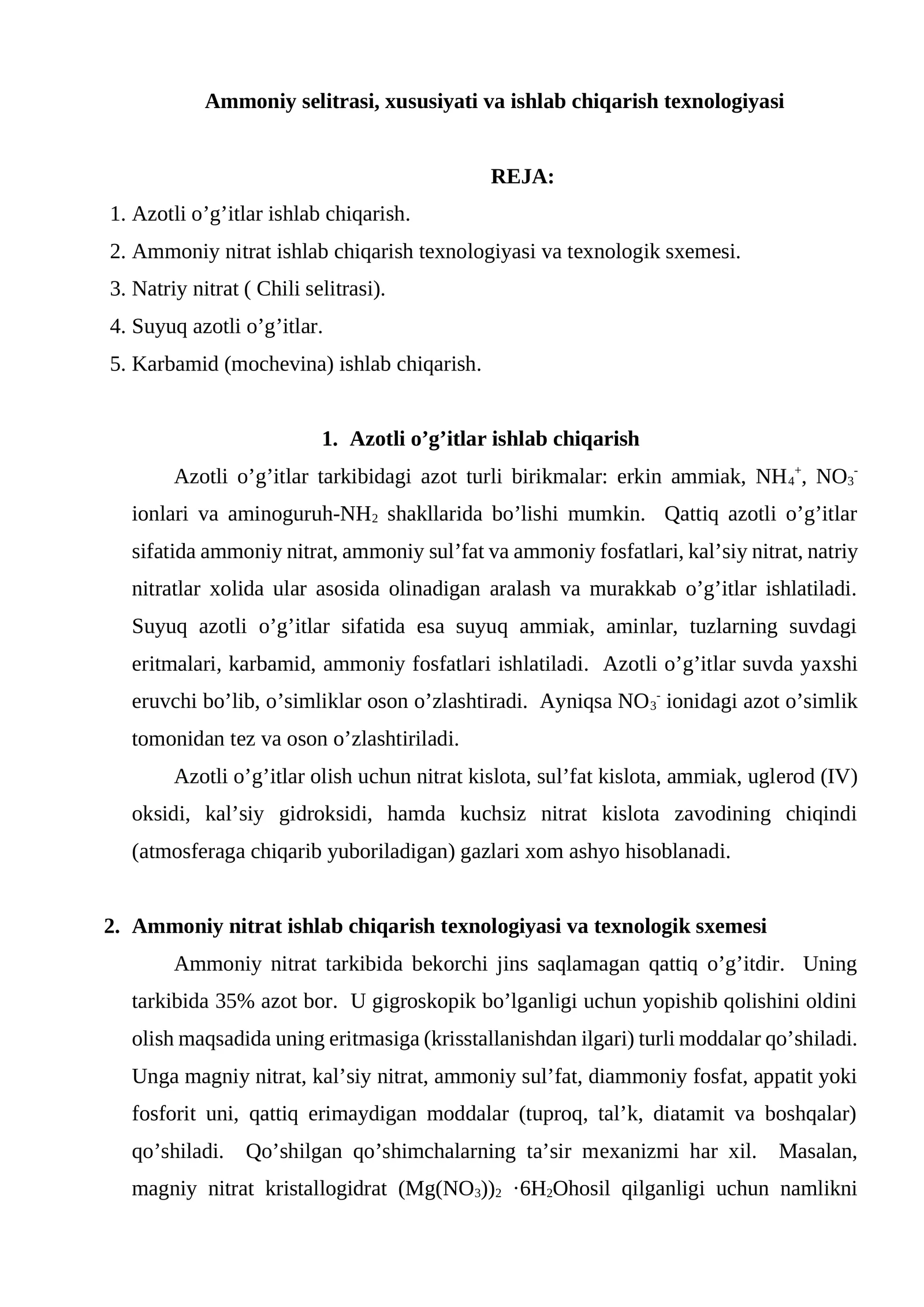 Ammoniy selitrasi, xususiyati va ishlab chiqarish texnologiyasi 1