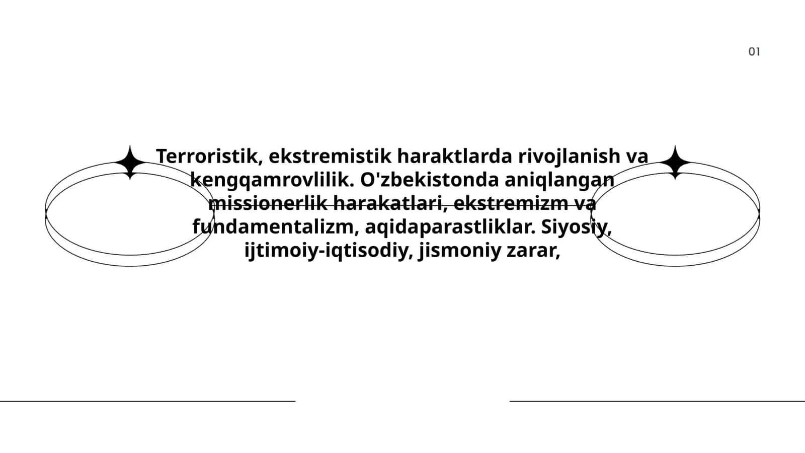 Terroristik, ekstremistik haraktlarda rivojlanish va kengqamrovlilik. O'zbekistonda aniqlangan missionerlik harakatlari, ekstremizm va fundamentalizm, aqidaparastliklar. Siyosiy, ijtimoiy-iqtisodiy, jismoniy zarar, 1