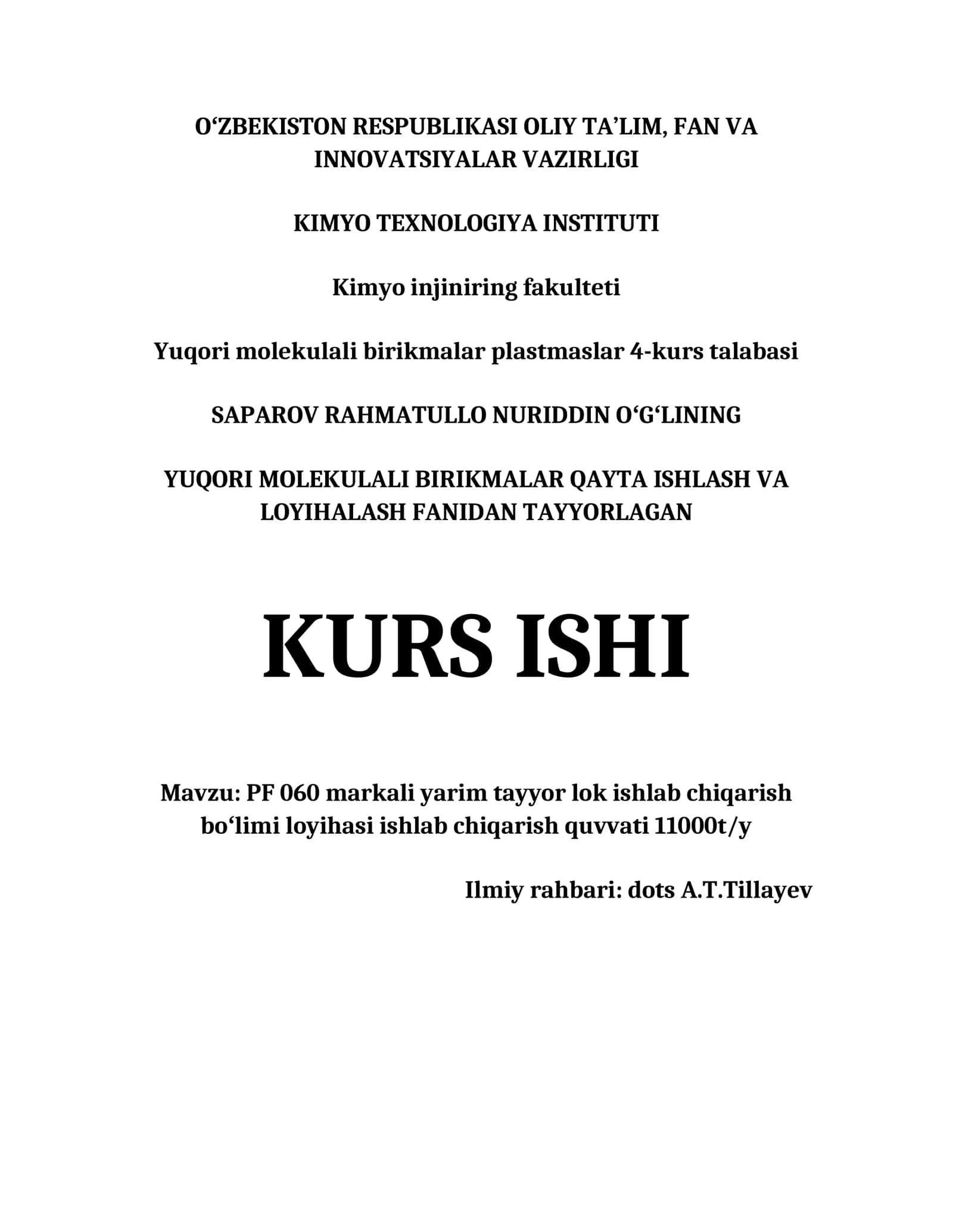 PF 060 MARKALI YARIM TAYYOR LOK ISHLAB CHIQARISH BOʻLIMI LOYIHASI ISHLAB CHIQARISH QUVVATI 11000T/Y 1