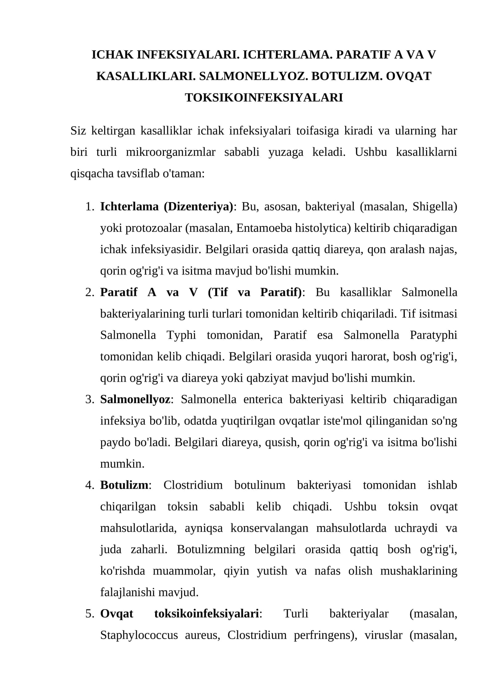 ICHAK INFEKSIYALARI. ICHTERLAMA. PARATIF A VA V KASALLIKLARI. SALMONELLYOZ. BOTULIZM. OVQAT TOKSIKOINFEKSIYALARI 1
