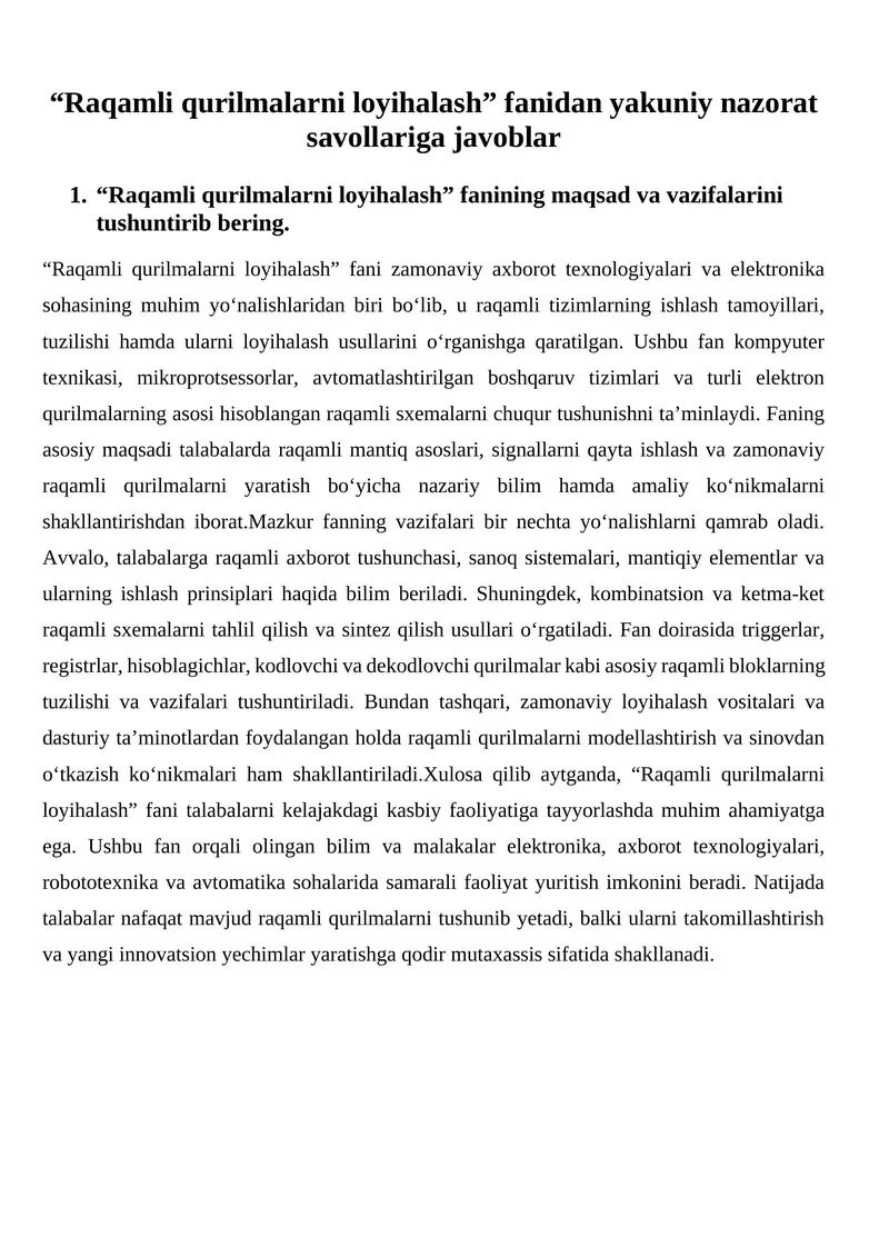 Raqamli qurilmalarni loyihalash 1