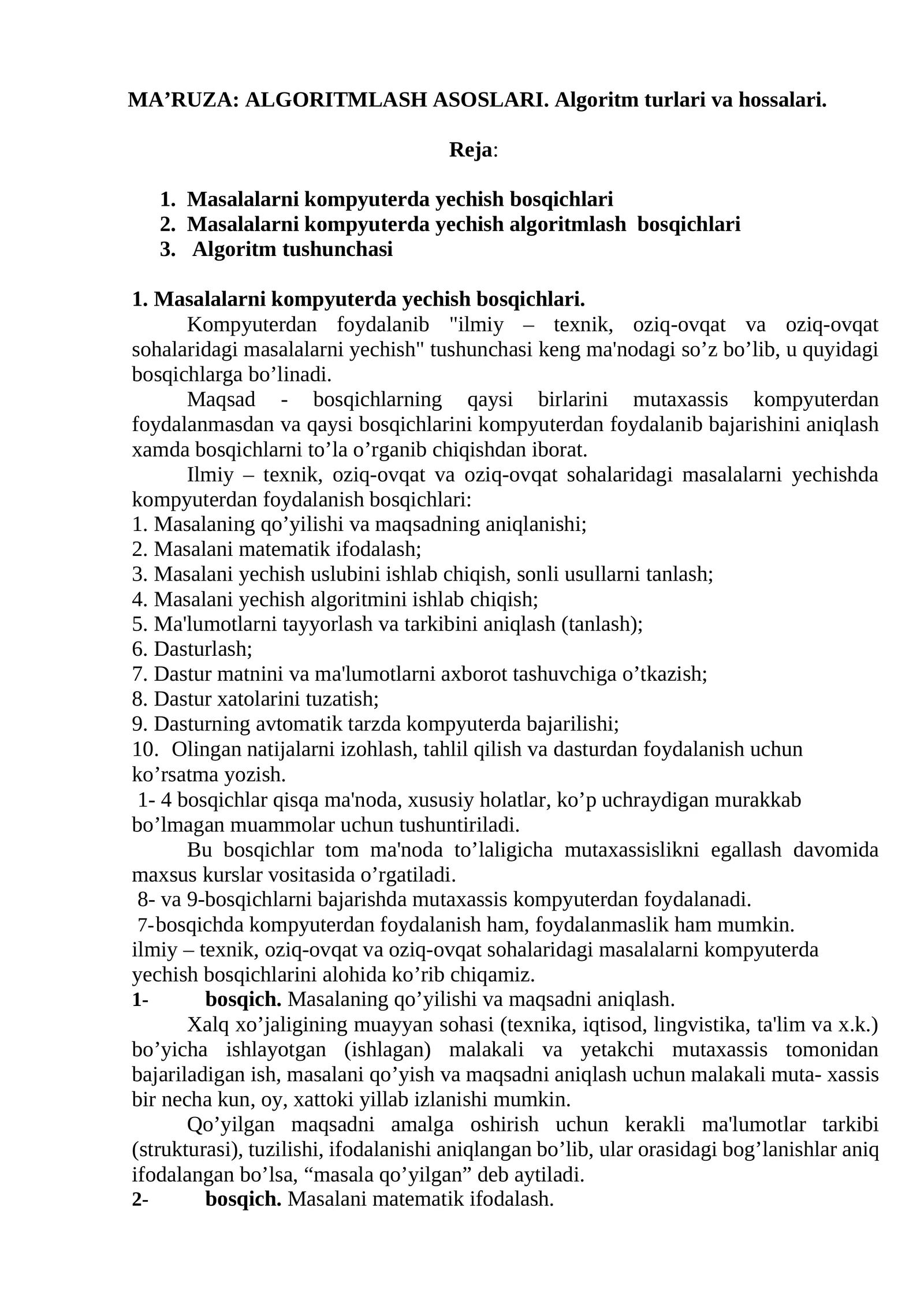 ALGORITMLASH ASOSLARI 1