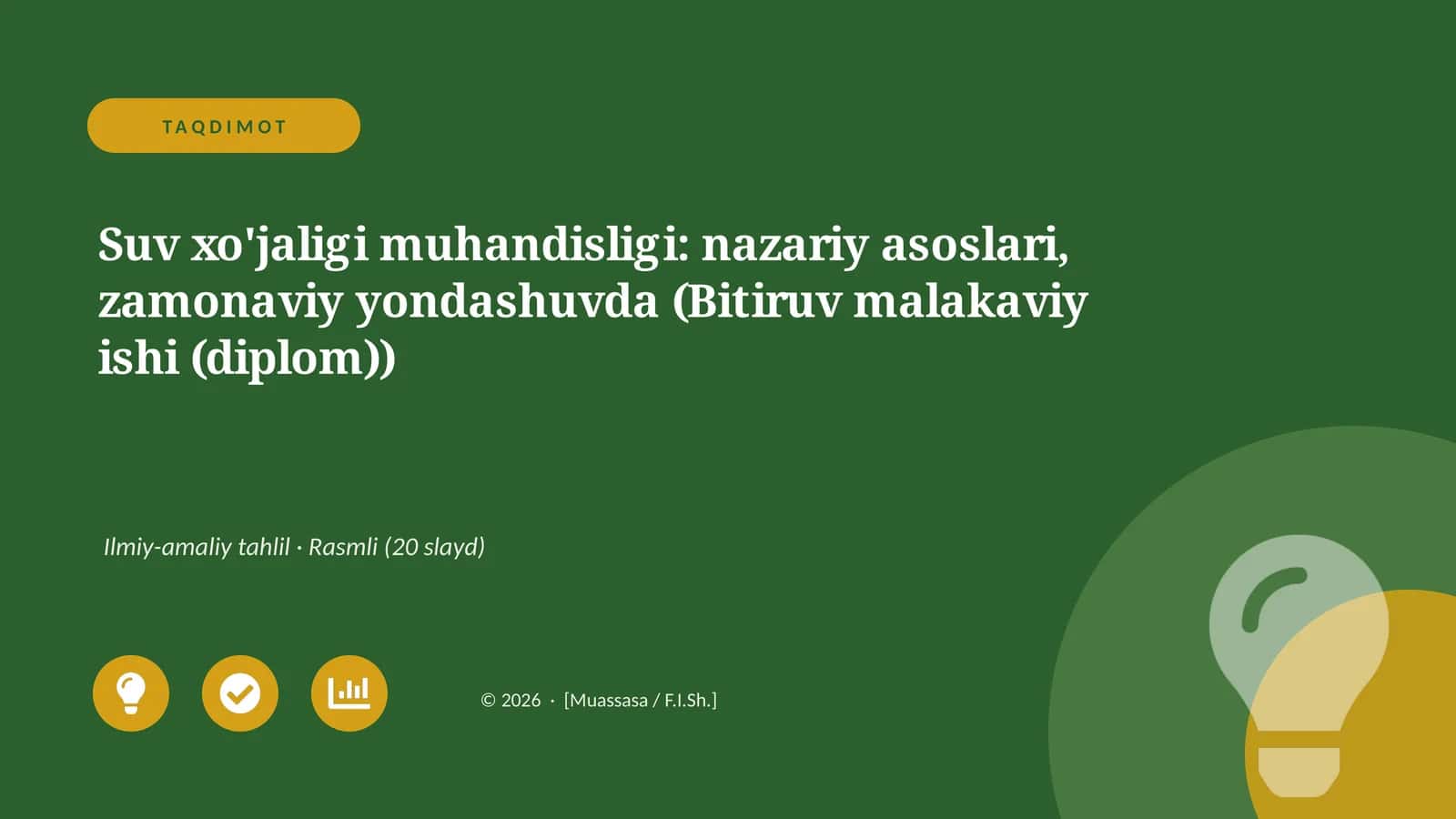 Suv xo'jaligi muhandisligi: nazariy asoslari, zamonaviy yondashuvda (Bitiruv malakaviy ishi (diplom)) 1