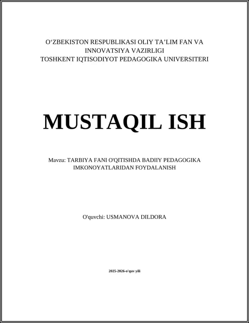 TARBIYA FANI O'QITISHDA BADIIY PEDAGOGIKA IMKONOYATLARIDAN FOYDALANISH 1