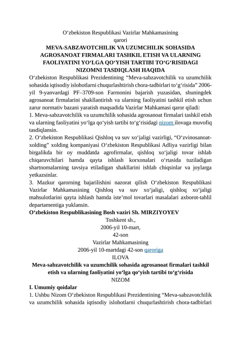 Meva-sabzavotchilik va uzumchilik sohasida agrosanoat firmalari tashkil etish va ularning faoliyatini yo‘lga qo‘yish tartibi 1