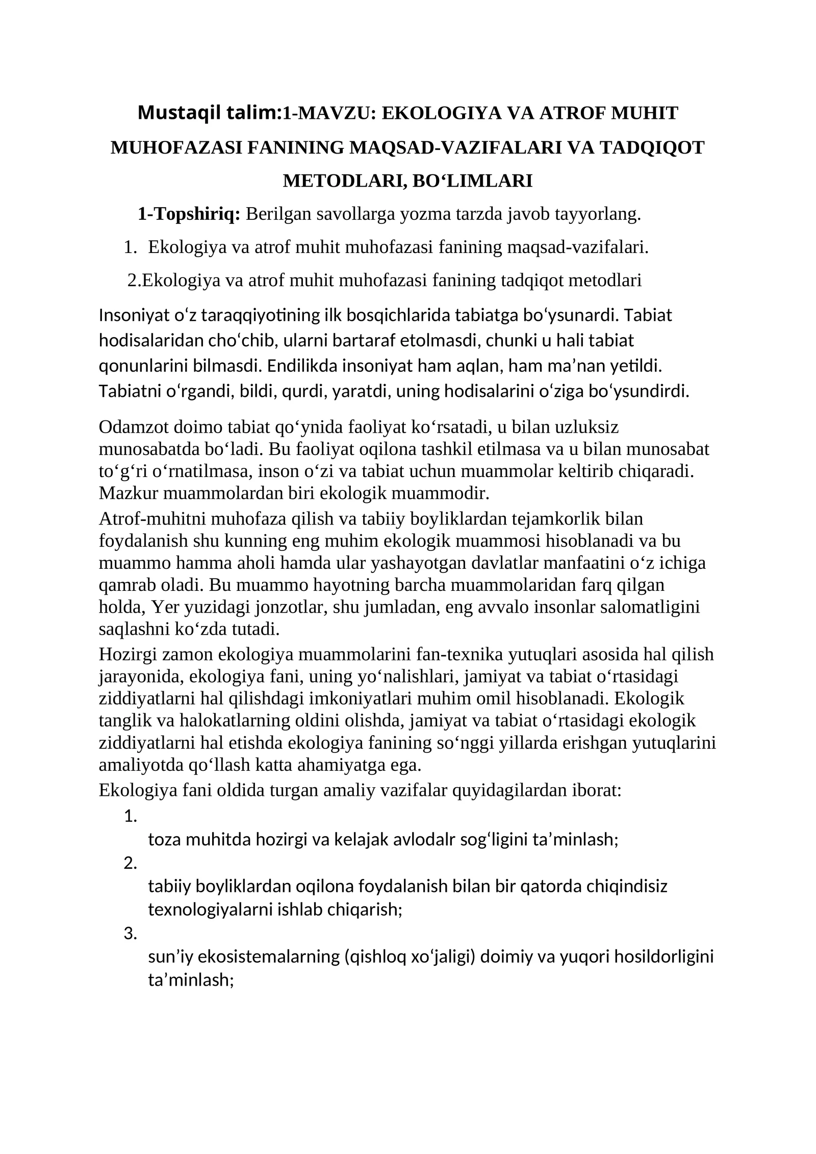 EKOLOGIYA VA ATROF MUHIT MUHOFAZASI FANINING MAQSAD-VAZIFALARI VA TADQIQOT METODLARI, BО‘LIMLARI 1