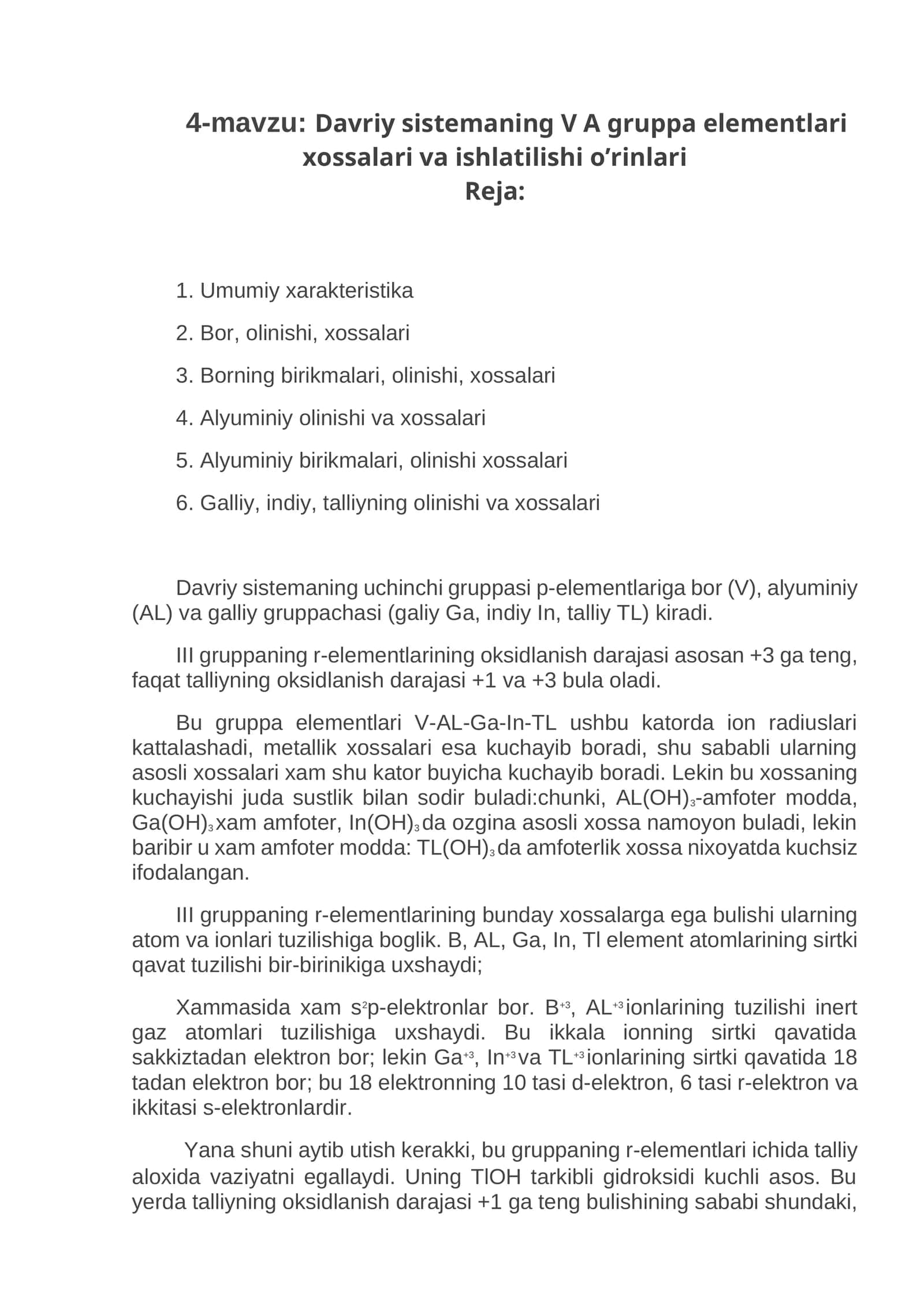 Davriy sistemaning V A gruppa elementlari xossalari va ishlatilishi o’rinlari 1