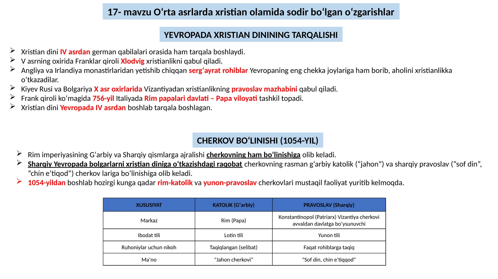 Oʻrta asrlarda xristian olamida sodir boʻlgan oʻzgarishlar 1