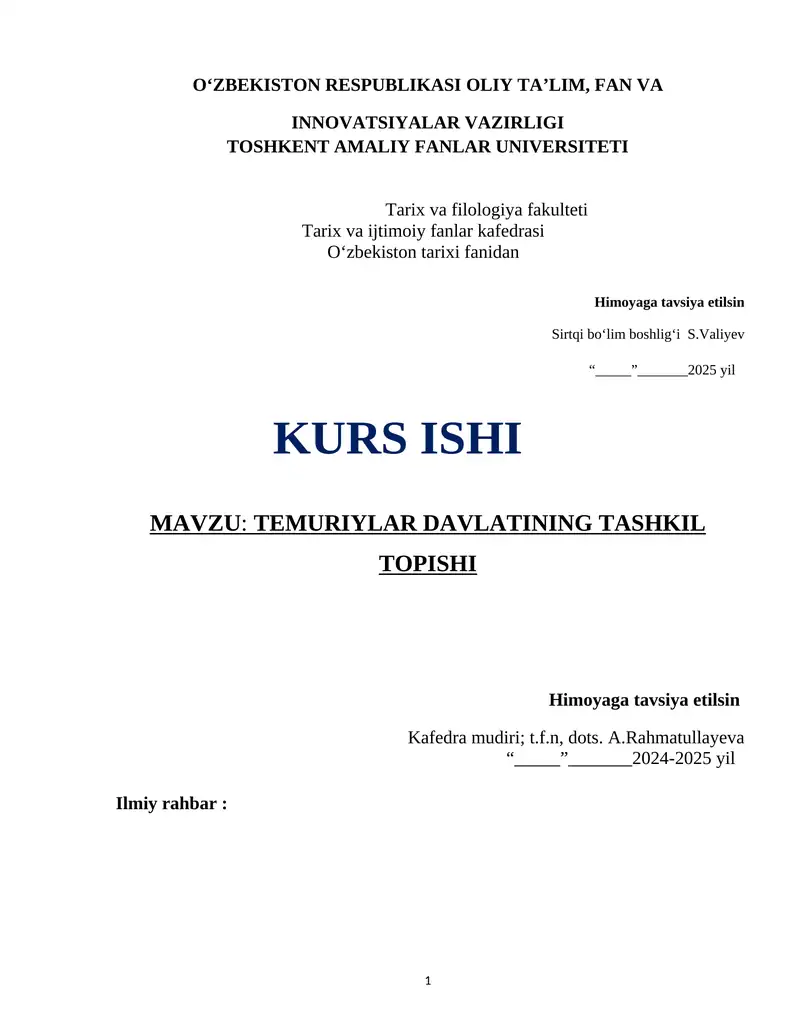 TEMURIYLAR DAVLATINING TASHKIL TOPISHI 1