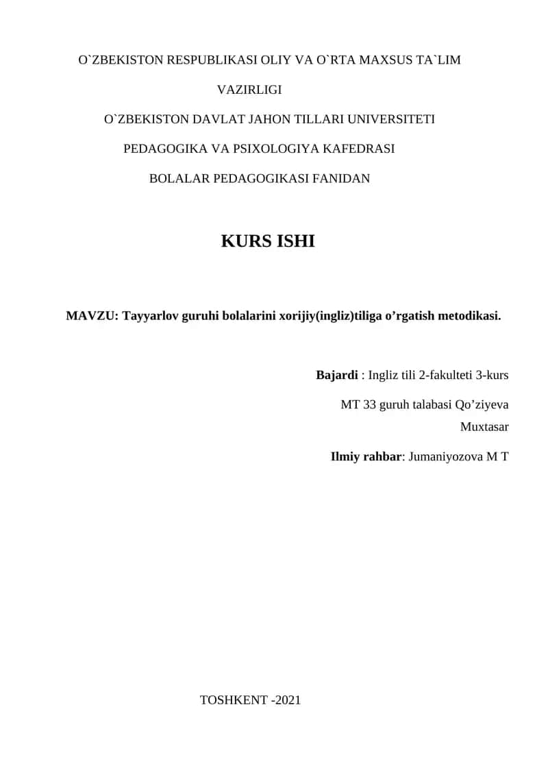 Tayyarlov guruhi bolalarini xorijiy(ingliz)tiliga o’rgatish metodikasi 1