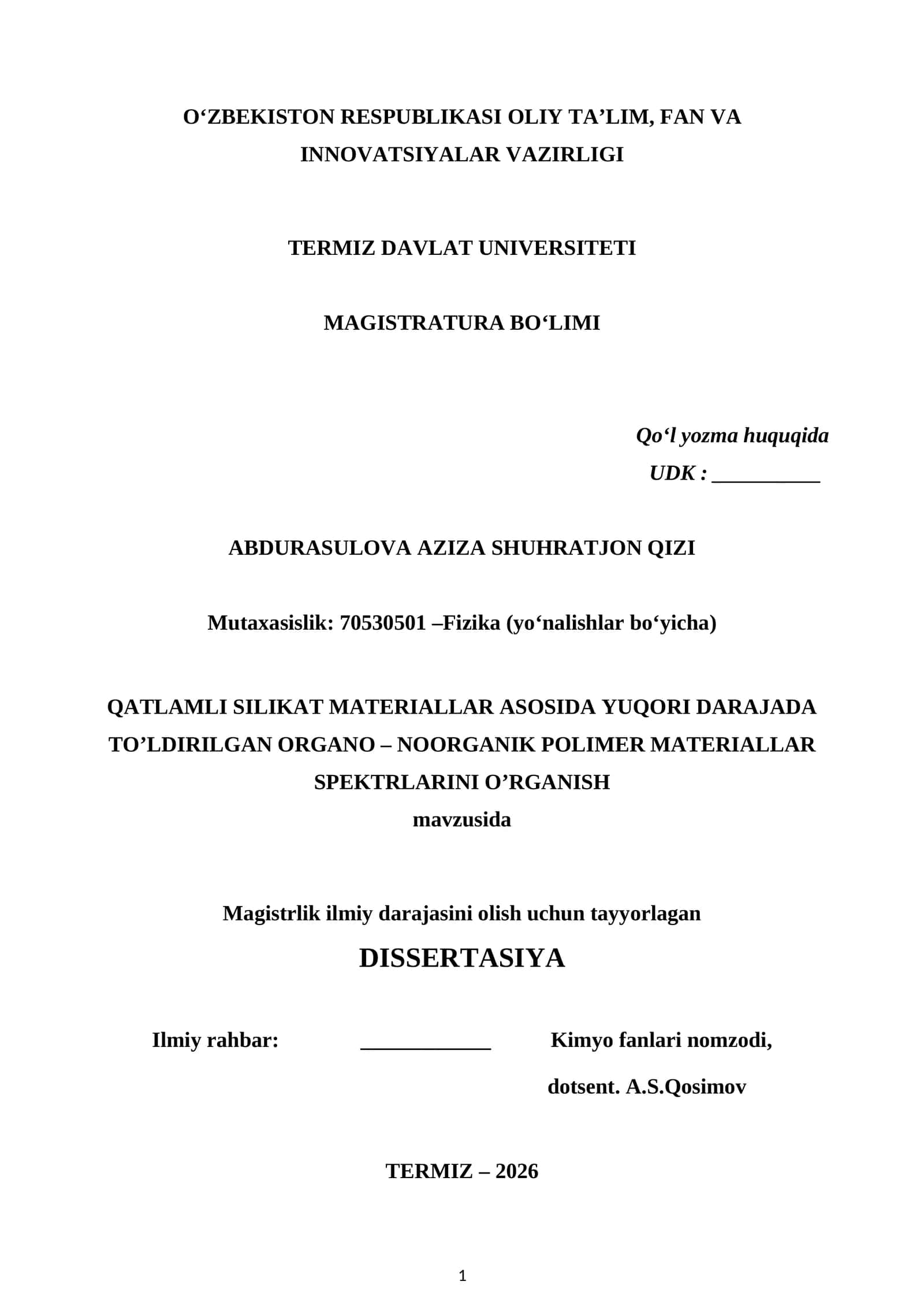 QATLAMLI SILIKAT MATERIALLAR ASOSIDA YUQORI DARAJADA TO’LDIRILGAN ORGANO – NOORGANIK POLIMER MATERIALLAR SPEKTRLARINI O’RGANISH 1