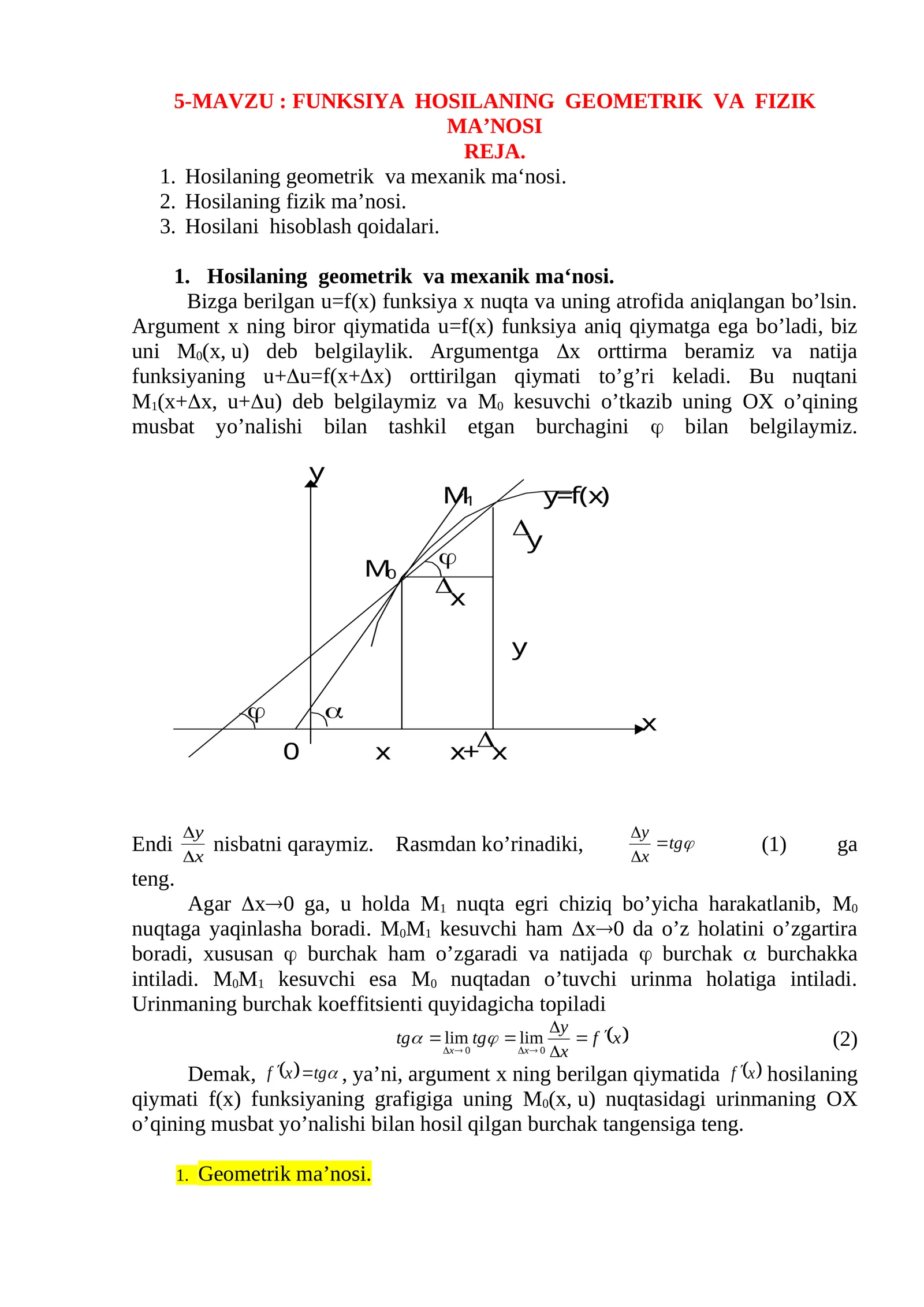 FUNKSIYA HOSILANING GEOMETRIK VA FIZIK MA’NOSI 1
