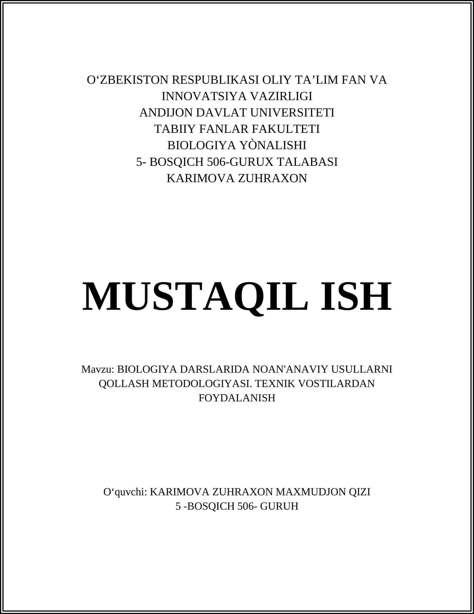 BIOLOGIYA DARSLARIDA NOAN'ANAVIY USULLARNI QOLLASH METODOLOGIYASI 1