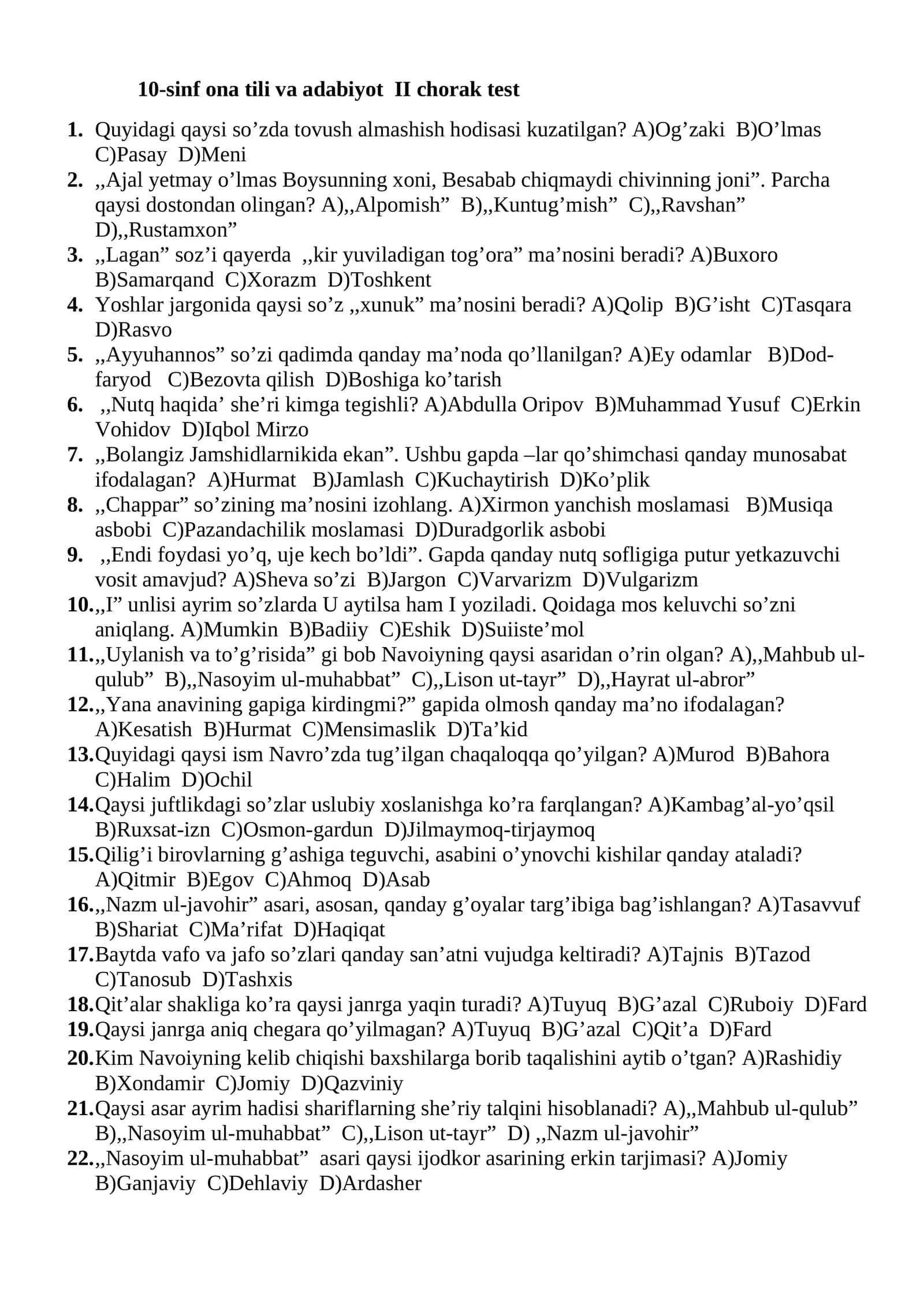 10-sinf ona tili va adabiyot II chorak test 1
