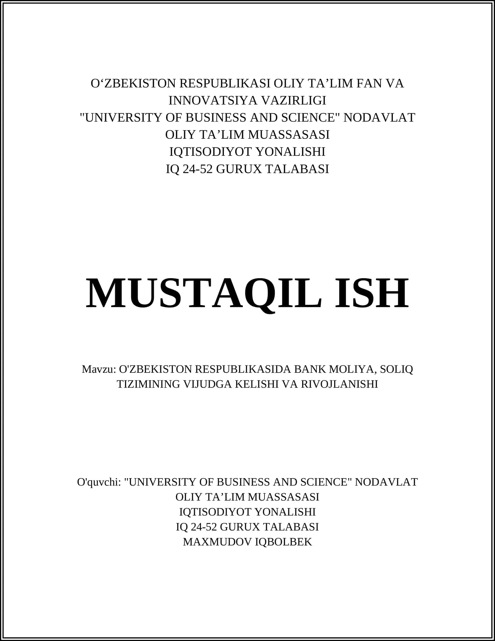 O'ZBEKISTON RESPUBLIKASIDA BANK MOLIYA, SOLIQ TIZIMINING VIJUDGA KELISHI VA RIVOJLANISHI 1