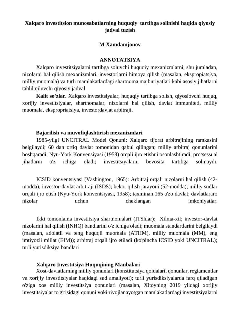 Xalqaro investitsion munosabatlarning huquqiy tartibga solinishi 1