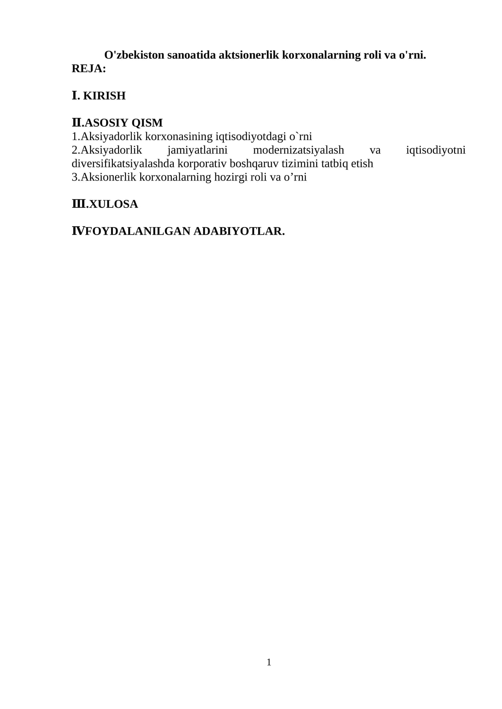 O'zbekiston sanoatida aktsionerlik korxonalarning roli va o'rni. 1