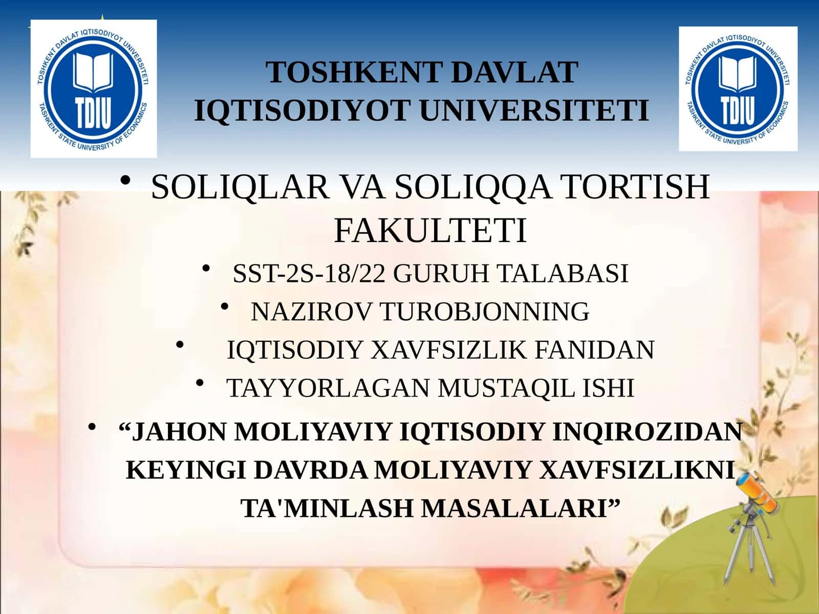 “JAHON MOLIYAVIY IQTISODIY INQIROZIDAN KEYINGI DAVRDA MOLIYAVIY XAVFSIZLIKNI TA'MINLASH MASALALARI” 1